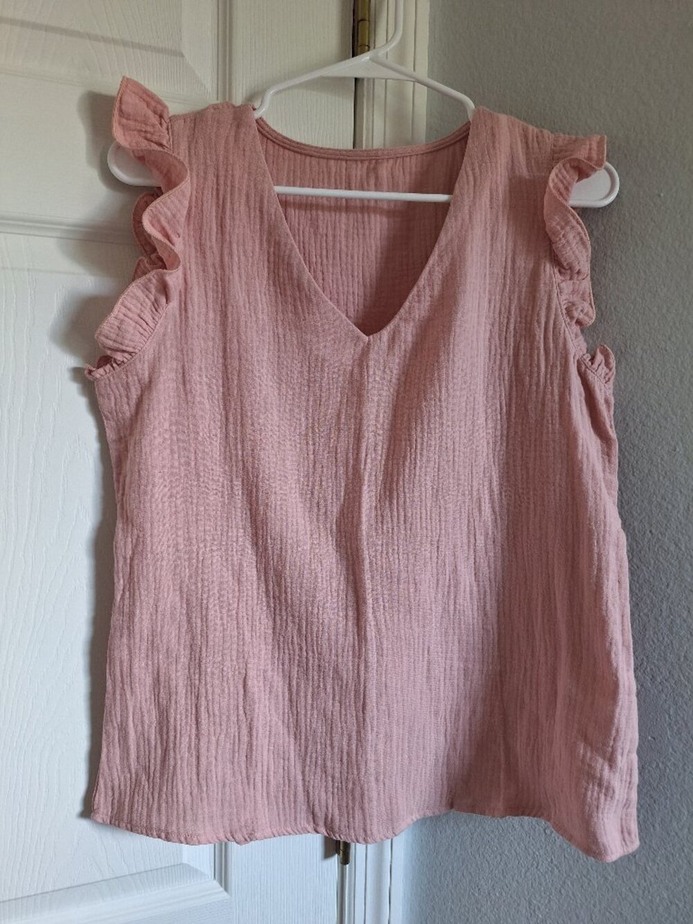 100% Cotton Double Gauze Ruffle Flutter Sleeve Top Dusty Pink V-Neck